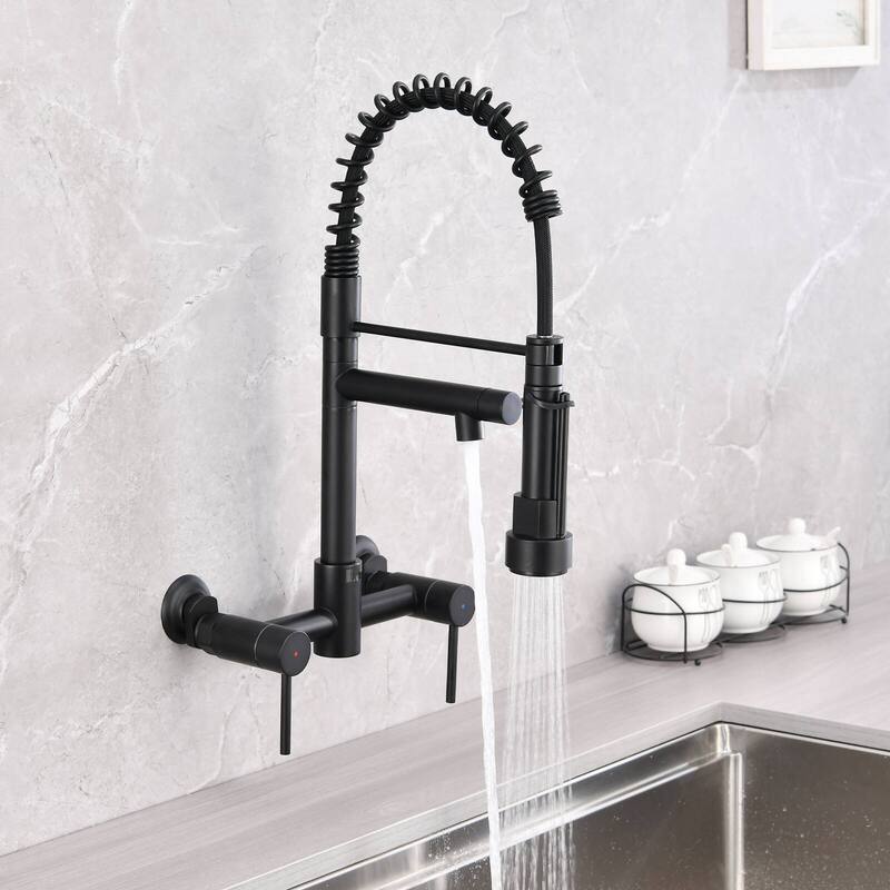 Dornberg Wall Mount Kitchen Faucet with Pull Down Sprayer, Spring Faucet - Matte Black