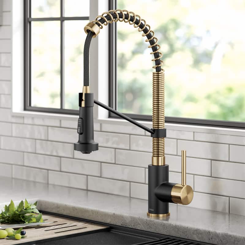 Kraus Bolden 2-Function 1-Handle Commercial Pulldown Kitchen Faucet - KPF-1610 - 18" Height - BBMB - Brushed Brass/ Matte Black