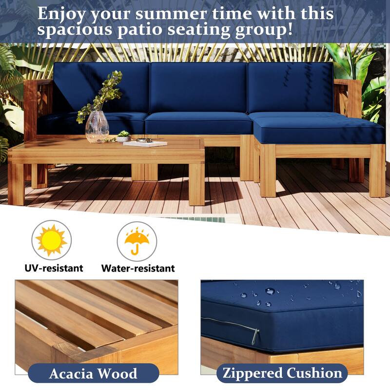 5-Piece Outdoor Patio Solid Wood Sectional Sofa with Coffee Table and Cushions