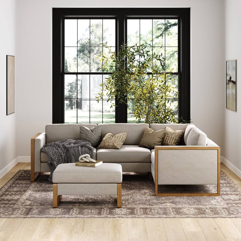 Madison Modern Modular L-Shaped Sectional Sofa with Storage Ottoman, 4-Seat Corner Sofa Set with Solid Wood Legs