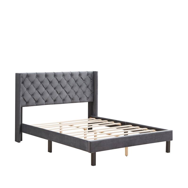 Gray Queen Velvet Button Tufted Platform Bed with Strong Slat Support