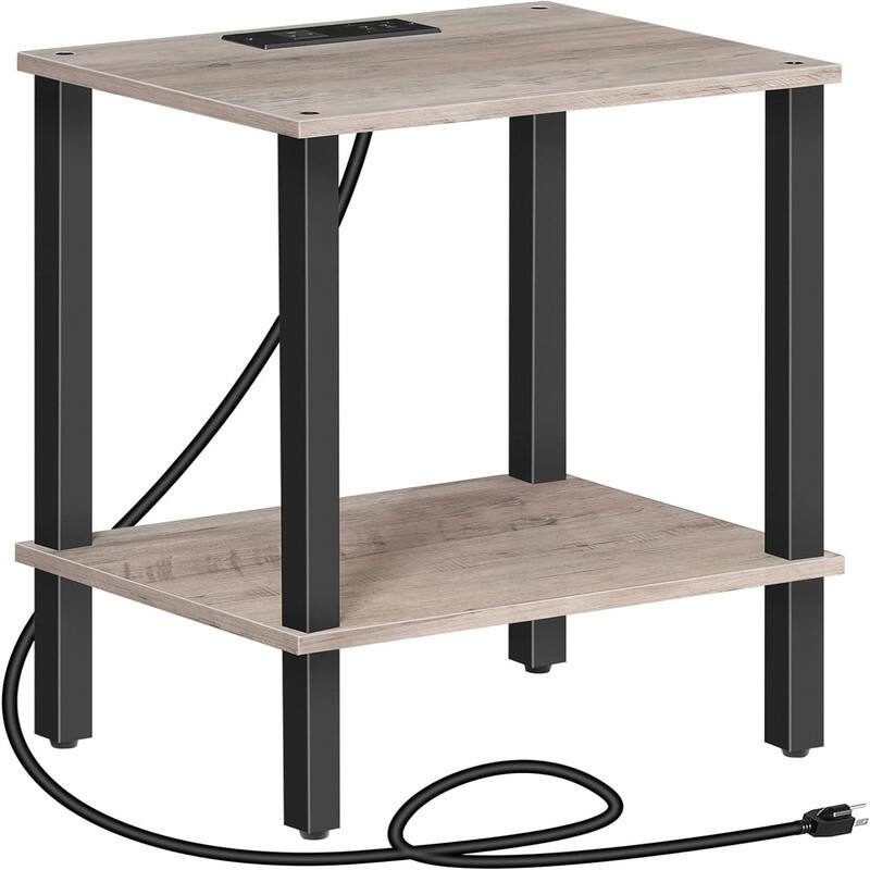 Side Table End Table with Charging Station - Greige