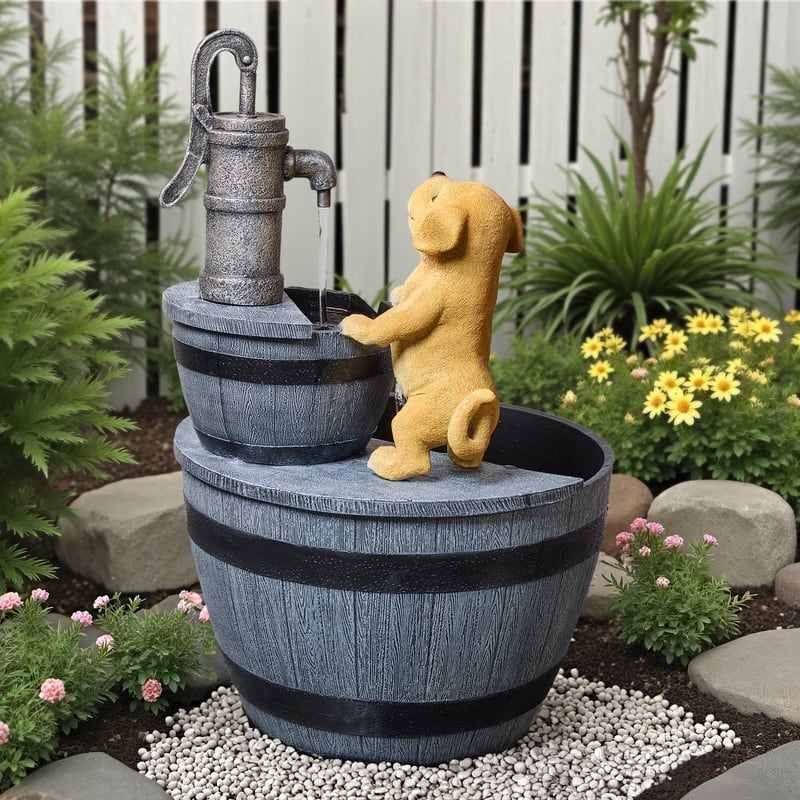 Outdoor Garden Fountain with LED – Farmhouse-Style Puppy & Faucet Design