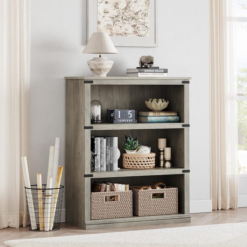 3 Tier Bookcase, Freestanding Wooden Bookshelf Storage Organizer Display Shelf - Grey