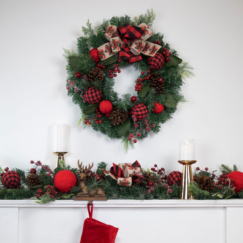 Green Pine Artificial Christmas Wreath Bows Plaid Ornaments 24" Unlit