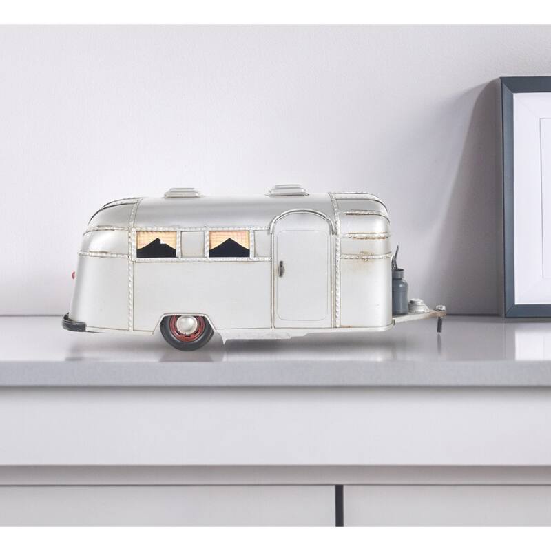 HomeRoots 6" Silver Metal Hand Painted Silver Camping Trailer Model Car - 15' X '6' X '5.5 - 15' X '6' X '5.5