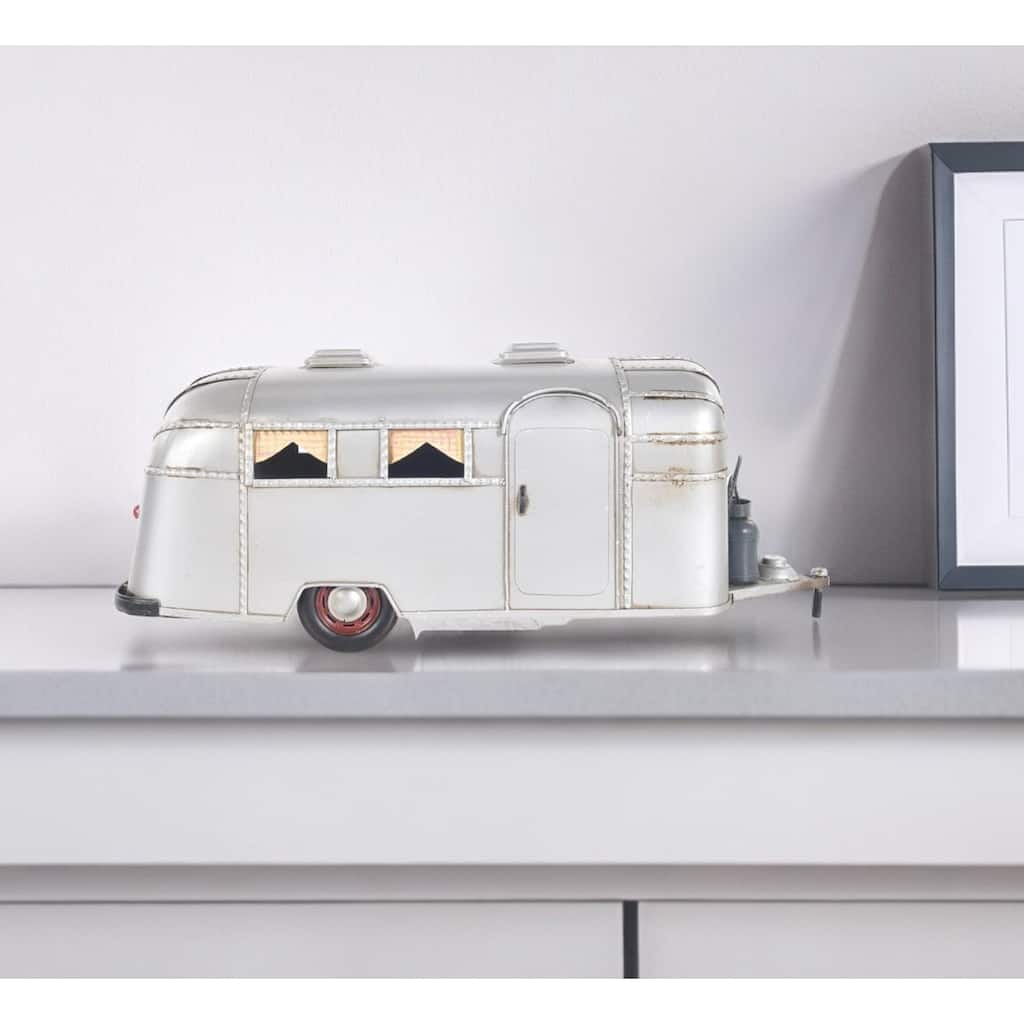 HomeRoots 6" Silver Metal Hand Painted Silver Camping Trailer Model Car - 15' X '6' X '5.5