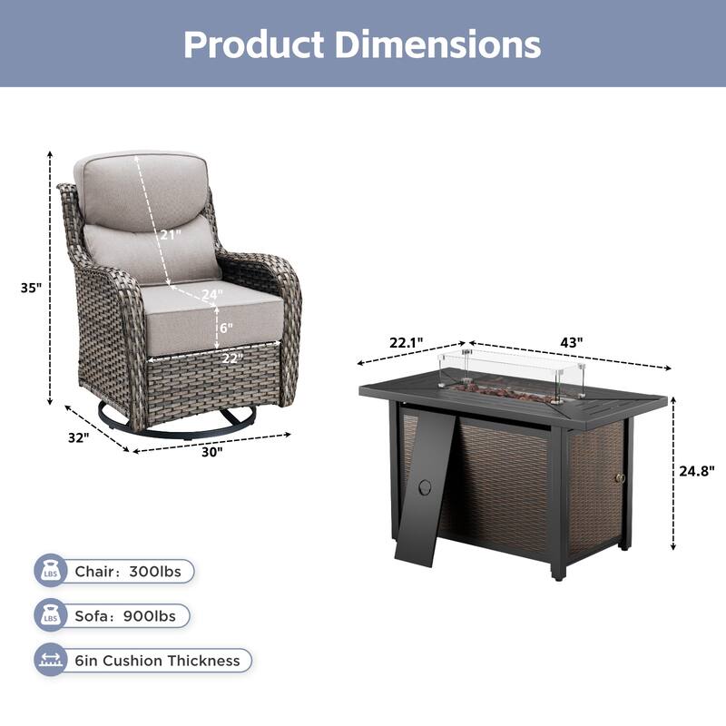 Arcadia 5-Piece Wicker Patio Set with 4 Swivel Glider Chairs and All-Iron Fire Pit