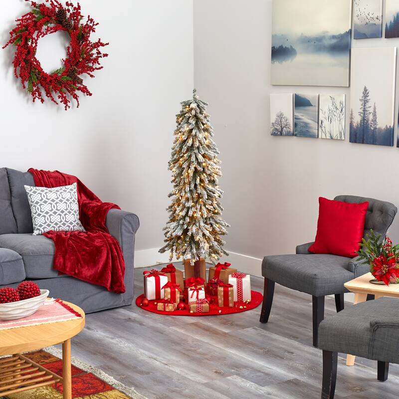5’ Pre-Lit Flocked Grand Alpine Artificial Christmas Tree, Warm Clear LED Lights - 5 Foot