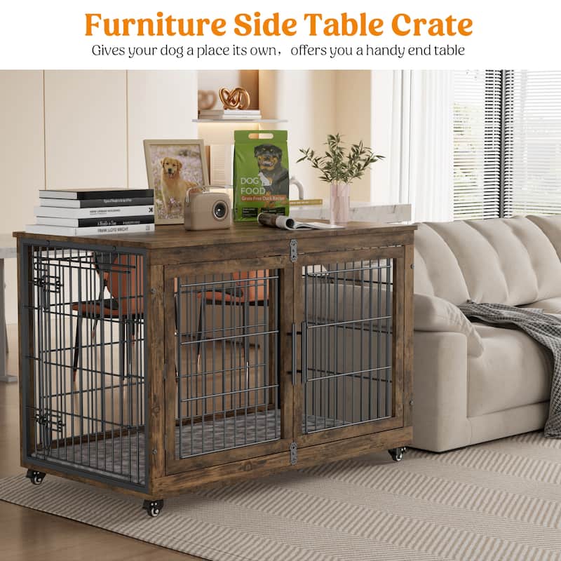 Dog Crate Indoor Heavy Duty Double Doors Wooden Dog Cage with Cushion