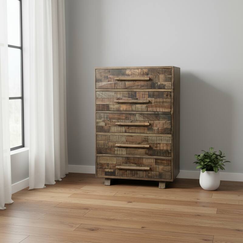 HomeRoots 35" Brown Carved Geometric Solid Wood Five Drawer Dresser - Brown - 5-drawer