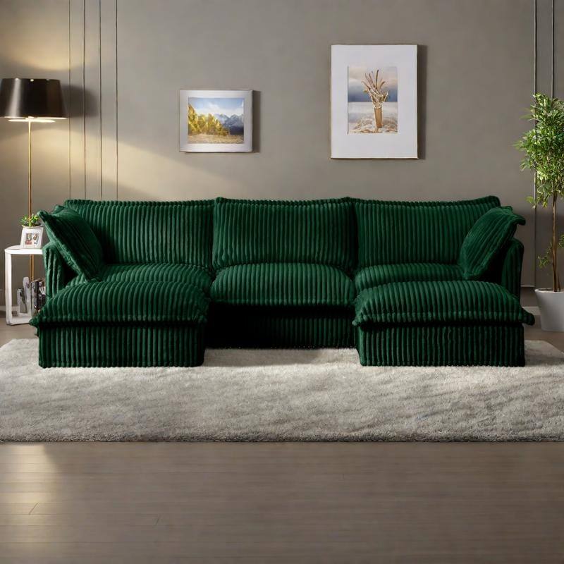 120" Corduroy U-Shape 3-Seater Sectional Sofa with Removable Slipcover, French Edge Design and Cloud-Like Cushions - Green