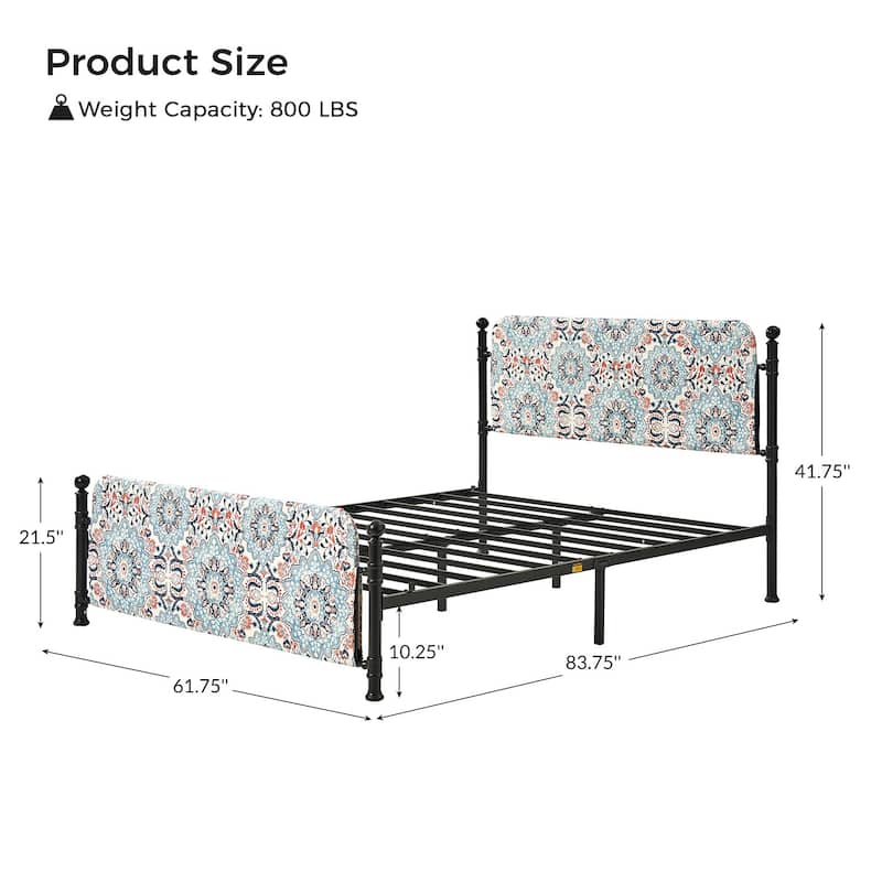 Diana Transitional 62" Floral Upholstered Platform Metal Bed Frame with Washable Slipcover by HULALA HOME