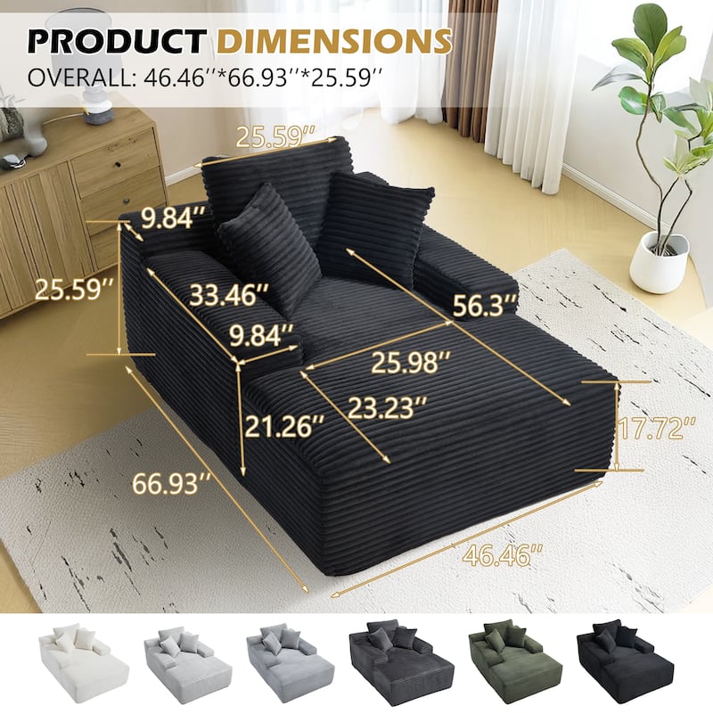 Deep Seat Chaise Lounge Chair, Wide Armrest Sleeper Sofa with Three Soft Pillows, Convertible Boneless Sofa Bed Daybed