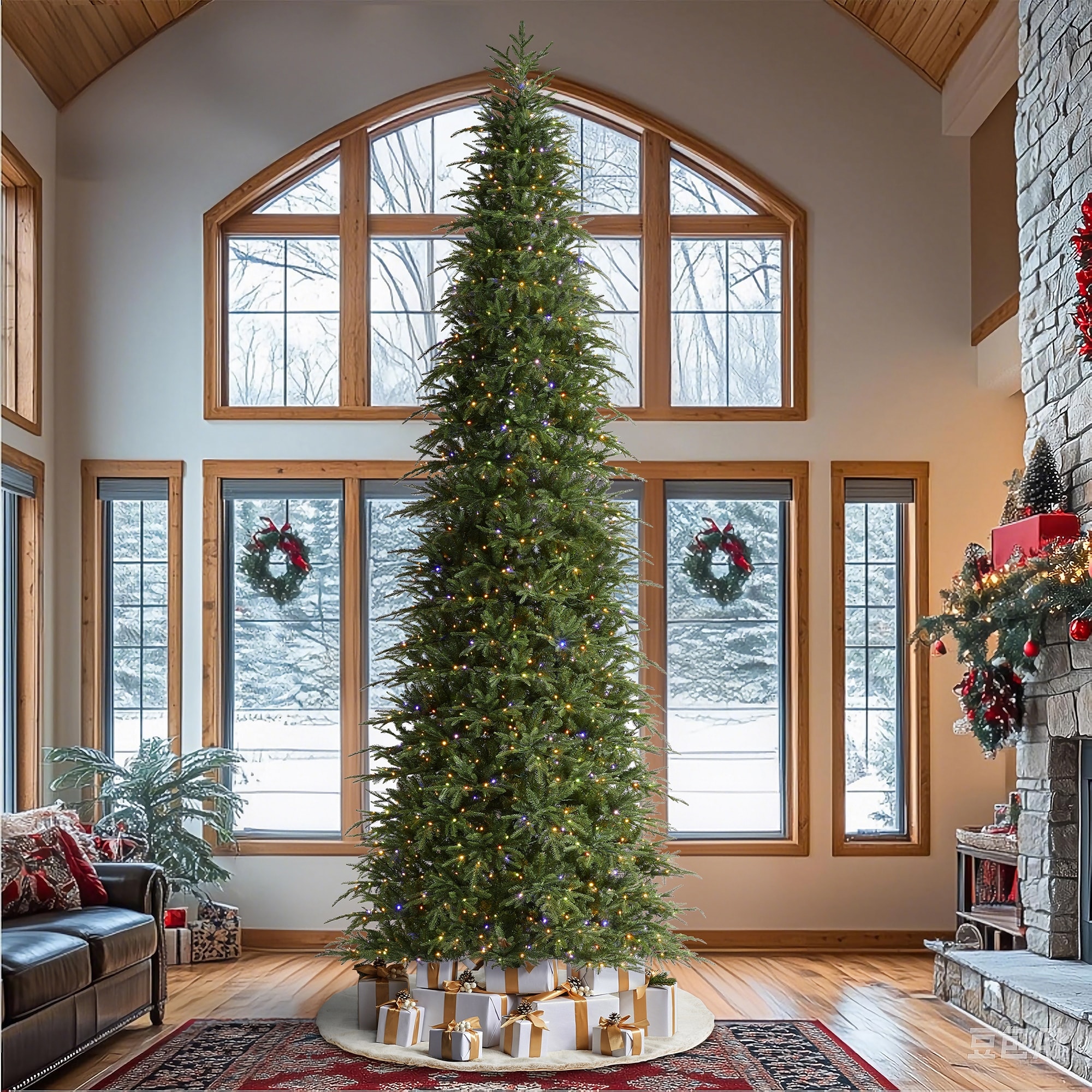 Glitzhome 15FT Pre-Lit Slim Fir or Spruce Artificial Christmas Tree with 1500/1400 Warm White LED Lights