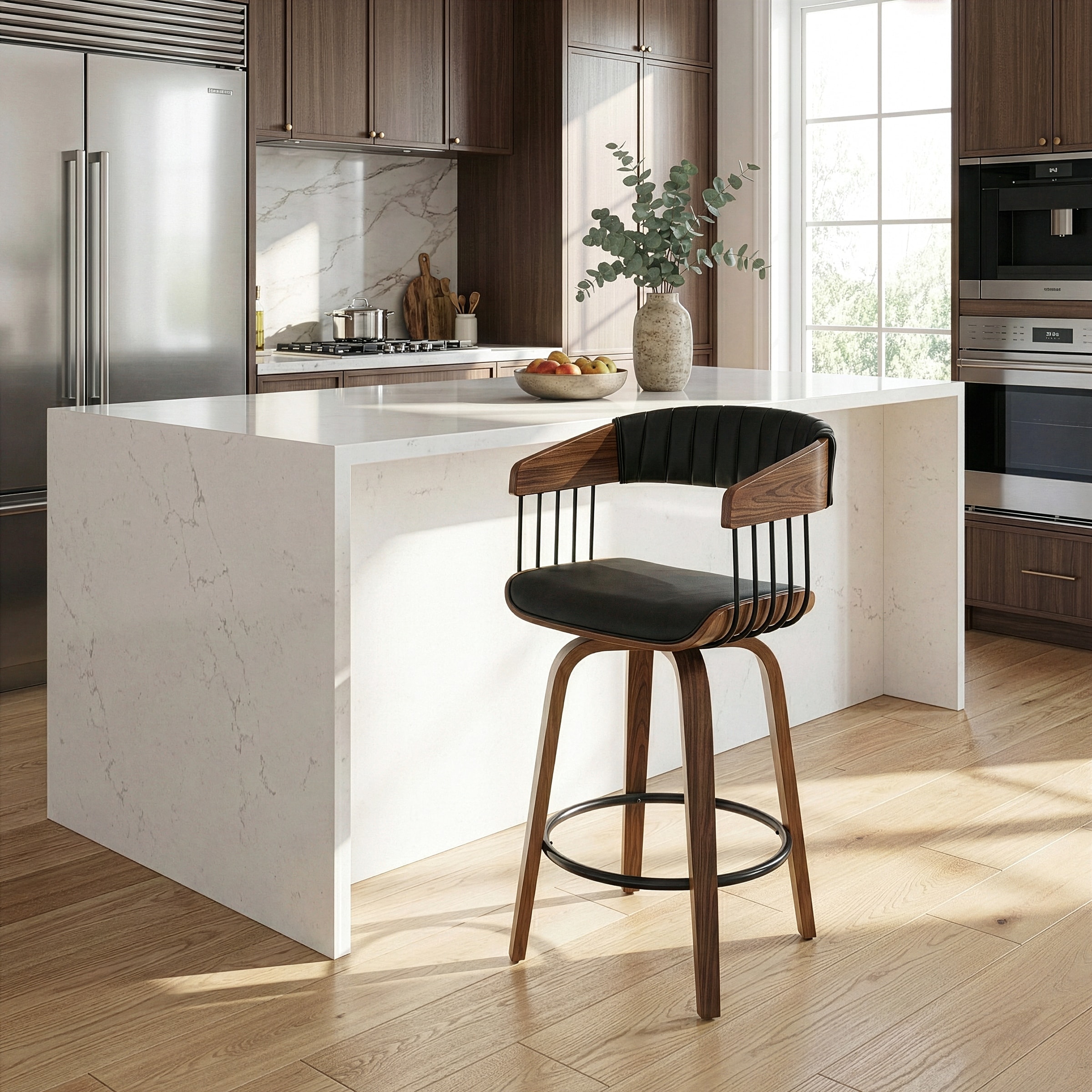Beaumont Black Faux Leather Counter Stool with Walnut Wood Frame