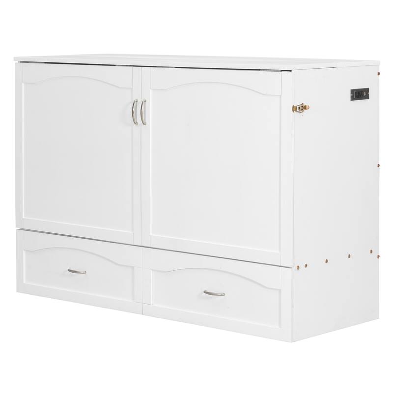 Queen Size Wall Bed with Drawers, USB Ports, and Smooth Pulley System, White