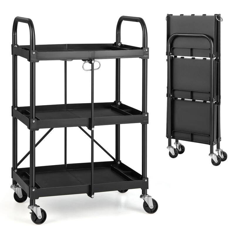 Costway Folding Collapsible Service Cart Heavy-Duty 3-Shelf Tool Cart - 24'' x 17'' x 38'' (L x W x H) - Black - Serving Cart