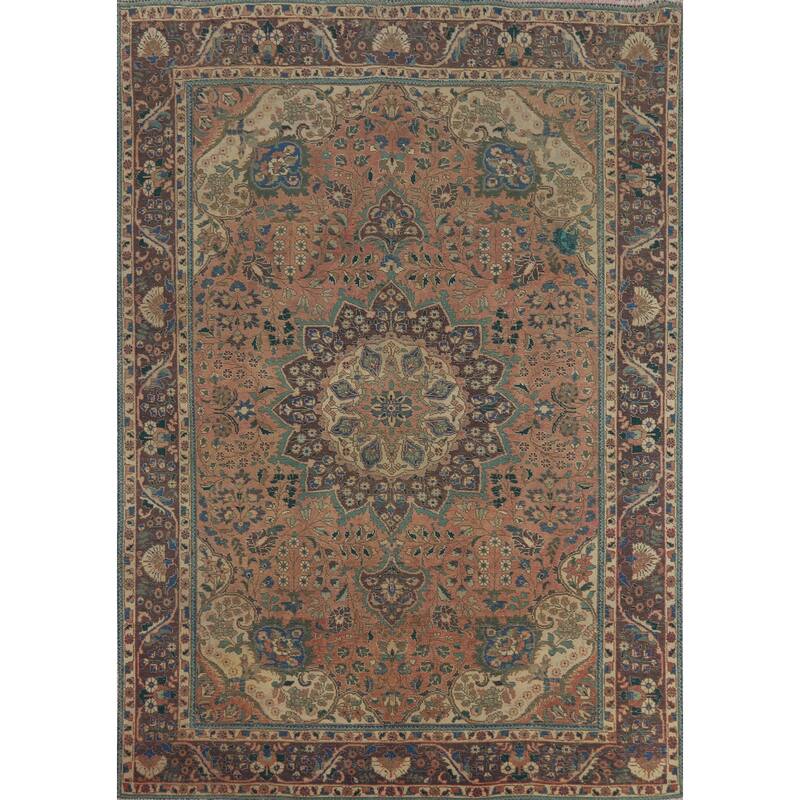 Medallion Tabriz Persian Vintage Rug Hand-Knotted Pink Wool Carpet - 6'10" x 9'8"
