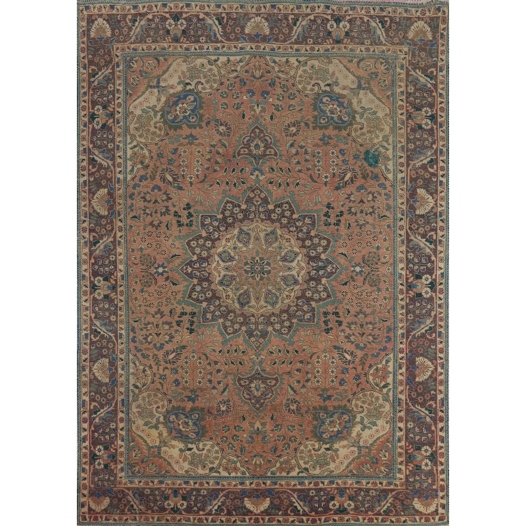 Medallion Tabriz Persian Vintage Rug Hand-Knotted Pink Wool Carpet - 6'10" x 9'8"