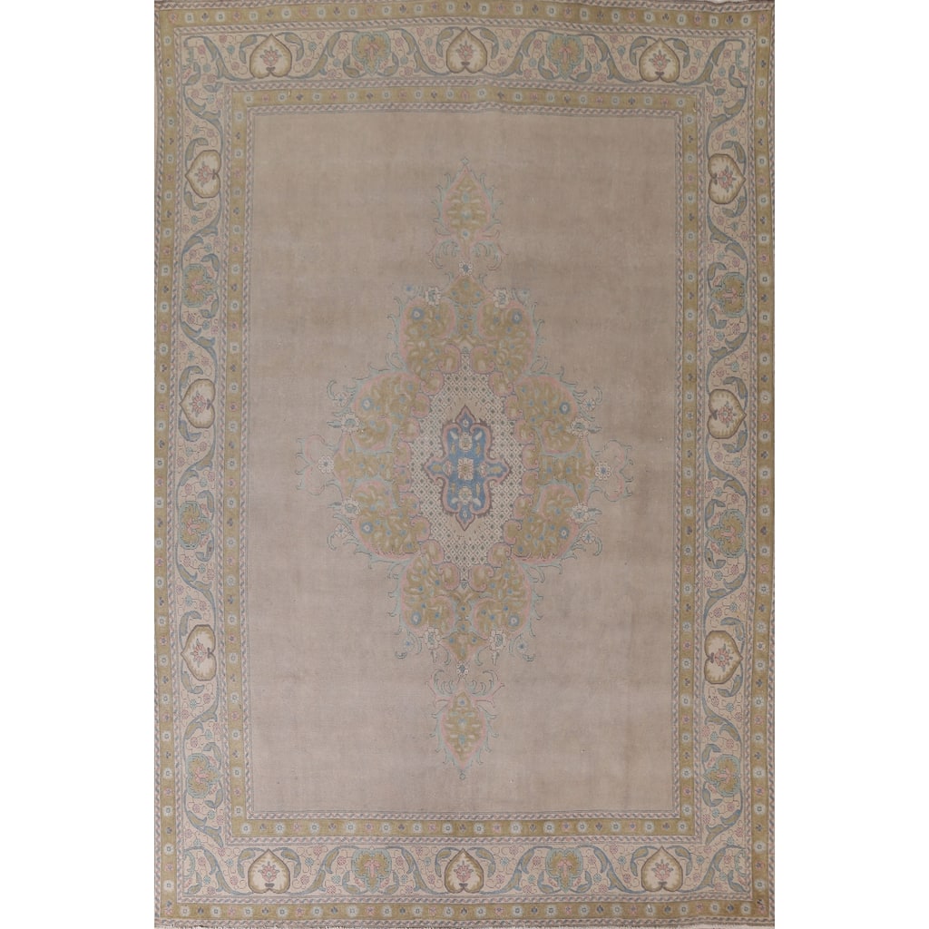 Hand Knotted Oriental 100% Wool Carpet Traditional Medallion Beige & Ivories Tabriz Area Rug - 12' 8'' X 9' 6''