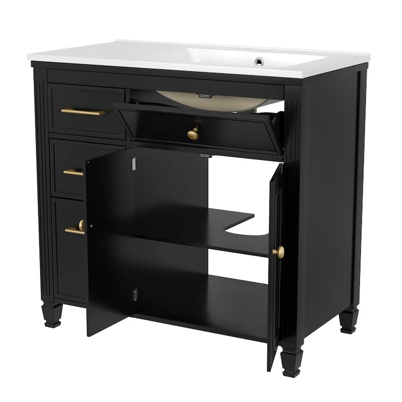 36" Bathroom Vanity with Sink, Ceramic Sink, One Tip-out Drawer, 3 Side Drawers, Adjustable Shelf