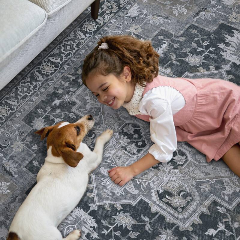 Mcow Grey Floral Low Pile Machine Washable Non-Slip Area Rug