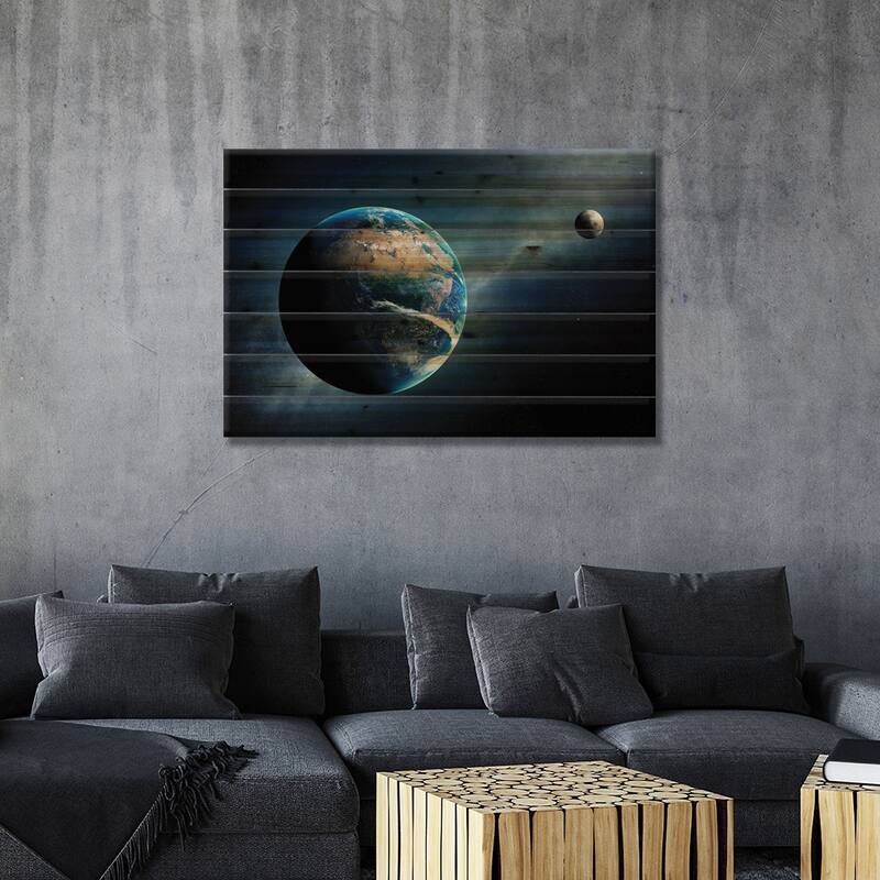 Earth And Moon Space View Print On Wood by Johan Swanepoel - Multi-Color