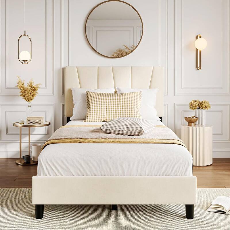 Bed Frame with Adjustable Headboard - Beige - Twin