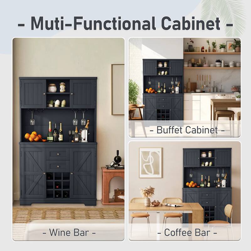 Roomfitters Farmhouse Coffee Bar Cabinet with Wine Storage, Buffet Sideboard with Glass Racks and Shelves