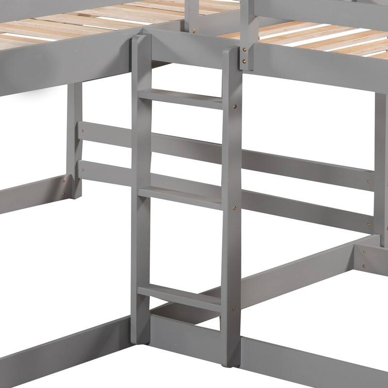 L-Shaped Triple Bunk Bed with Slide,Quad Bunk for Kids,4 Bed Bunk Beds with Guardrails,Grey