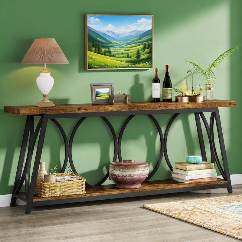 Particle Board Console Table Metal Frame with Shelf - 70.87” L x 11.81” W x 31.5” H - Black-Brown