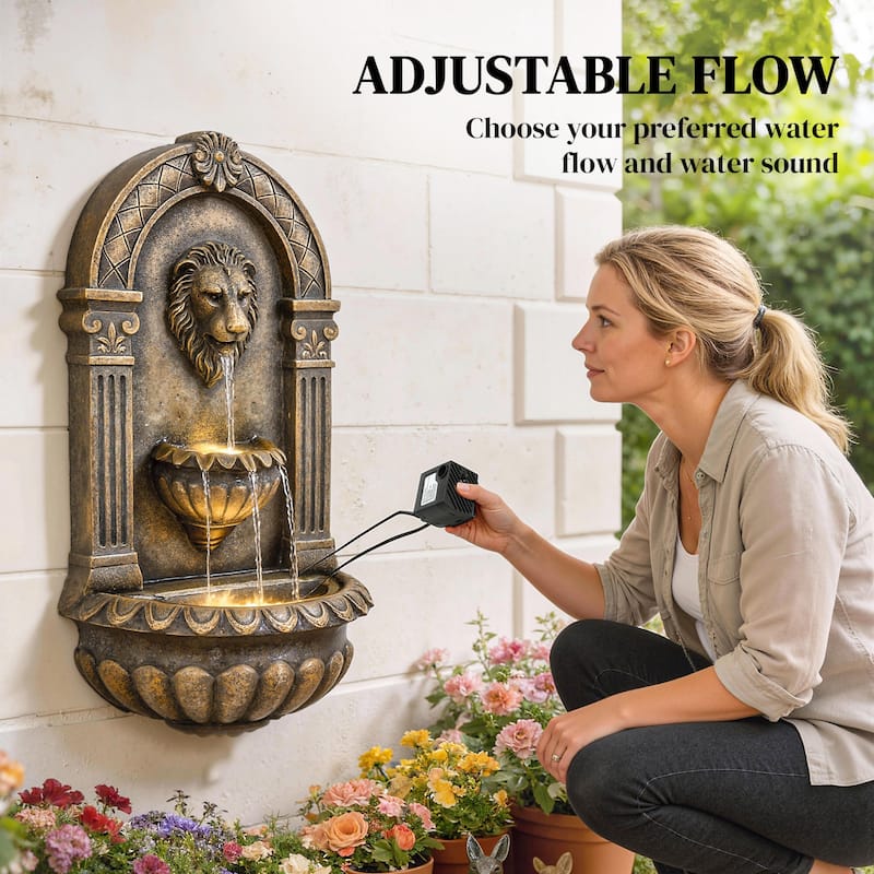 Outsunny 31" Wall-Mounted 3-Tier Outdoor Fountain, Cascading Waterfall Feature with LED Lights and Adjustable Flow