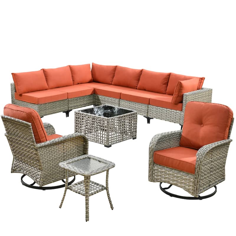 OVIOS 10 Pieces Outdoor Wicker Swivel Chair Set With Solar-Powered Coffee Table
