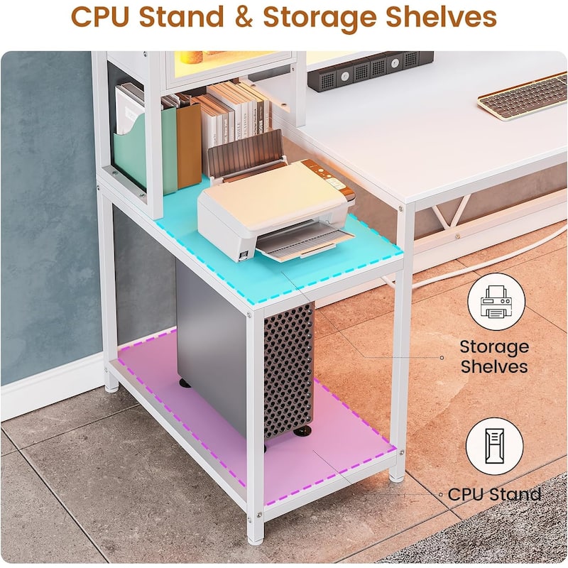 Gaming Desk LED Lights Hutch and Storage Shelves Glass Display Cabinet