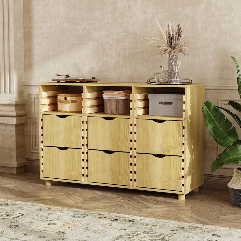 Buffet Sideboard 6-Drawer Wood Storage Cabinet with Adjustable Shelves, Solid Slat Panels