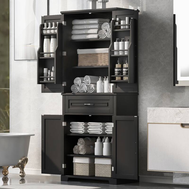 Bathroom Storage Cabinet with Doors and Drawer, Multiple Storage Space, Adjustable Shelf - Black