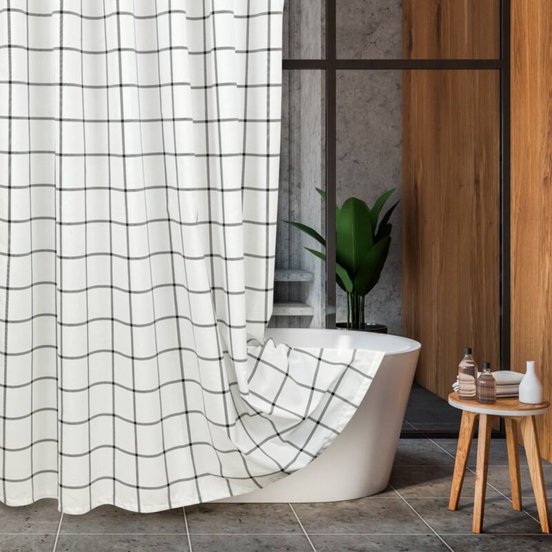 Royale Linens Pack of 1 Double Brushed Microfber 1800 Thread Printed Shower Curtain for Bathroom 72 Inches X72 Inches - Checks White