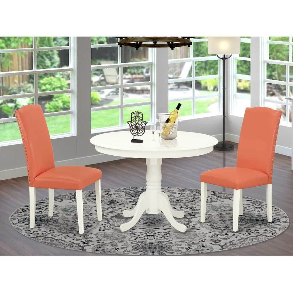 Dining Room Table Set Pink Flamingo 42 Inch Table w/ 2 Parsons Chairs Linen White Legs PU Leather