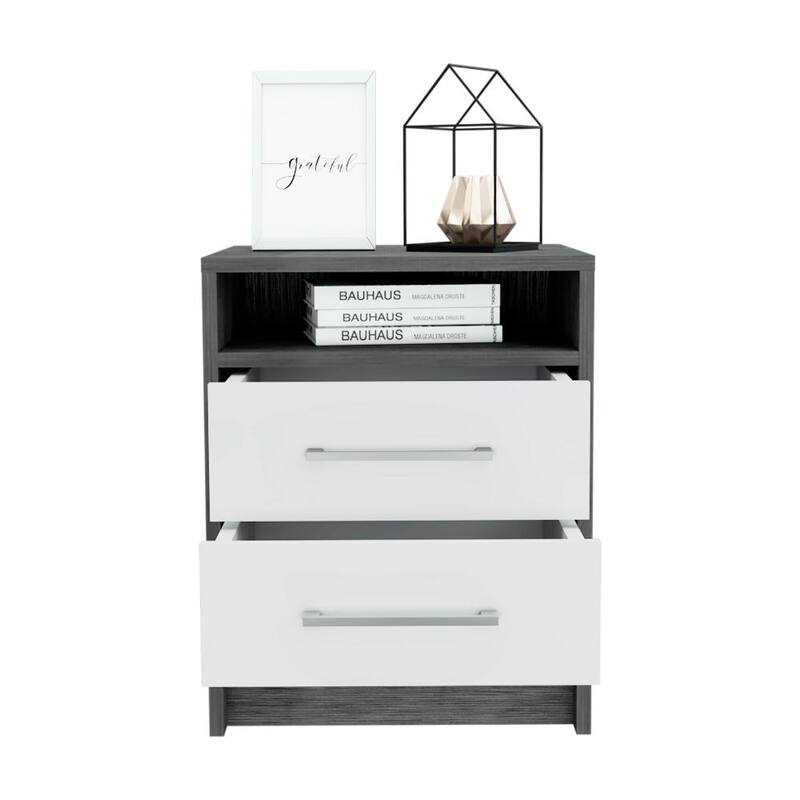 20-inch Nightstand with Two Drawers, Open Shelf, and Metal Handles in Smokey White