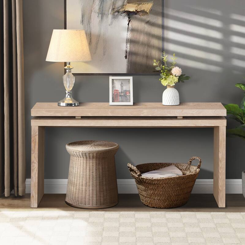 Retro Wooden Entryway Table with Double Board Suspension Design, Solid Wood & MDF, Sofa Table for Living Room