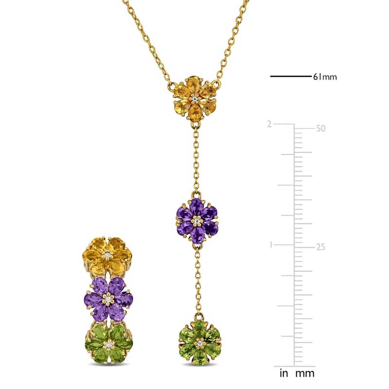 Miadora 8ct TGW Multi-Gem Flower Lariat Necklace Drop Earrings Set in Yellow Plated Sterling Silver