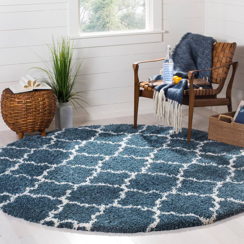 SAFAVIEH Hudson Shag Vitchka Glam Trellis 2-inch Area Rug - 3' x 3' Round - Slate Blue/Ivory