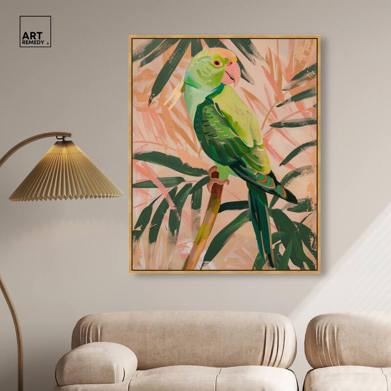 Coral and Green Parrot Canvas by Art Remedy