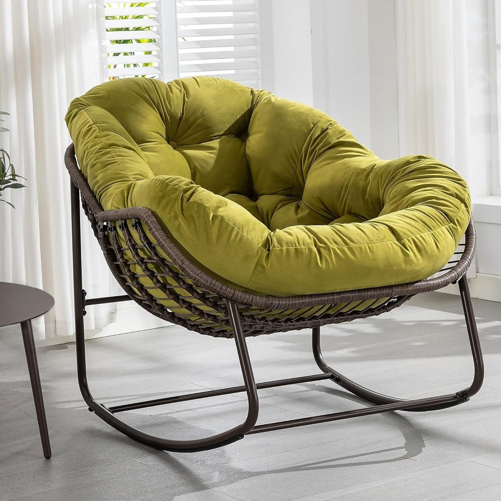 Outdoor Rattan Rocker Recliner Chair With Polyester Padded Cushion