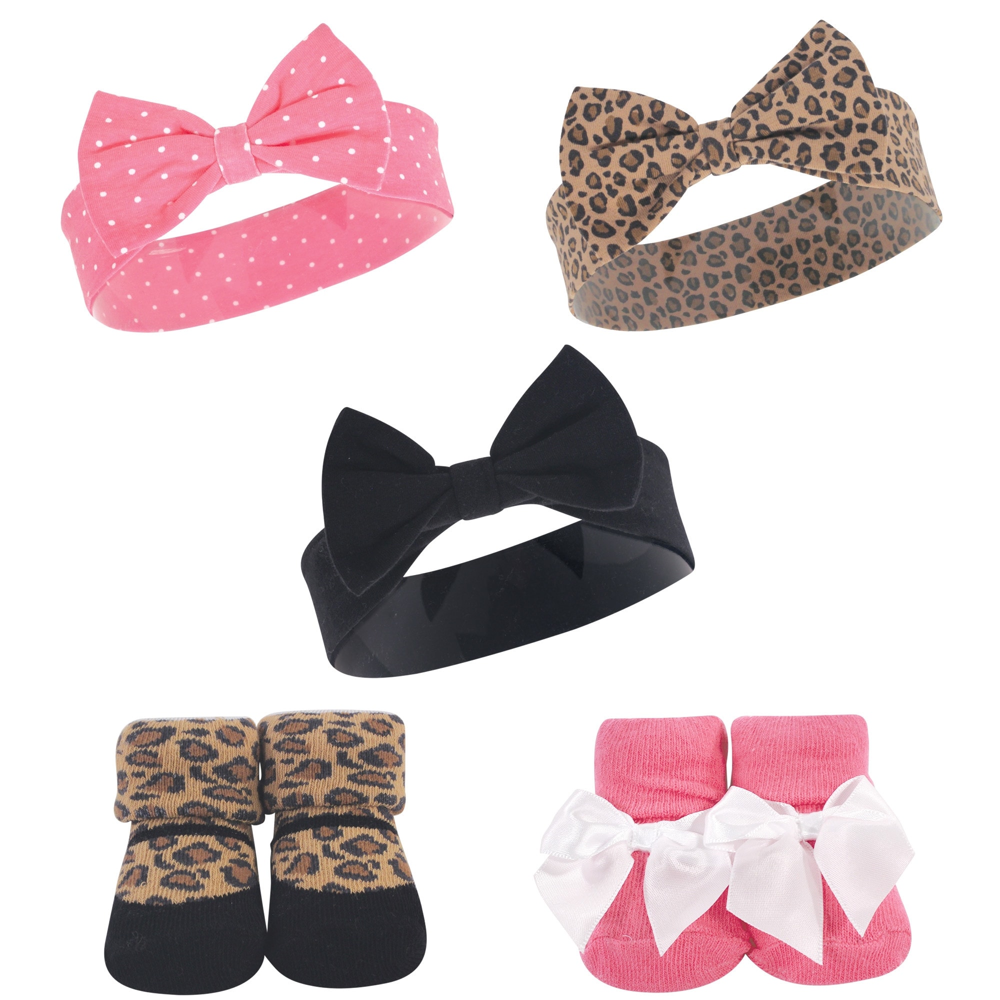 Hudson Baby Infant Girl Headband and Socks Set 5pk, Leopard