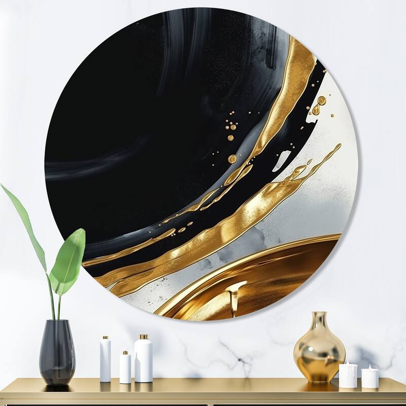 Designart "Black Gold Abstract Shapes Marble I" Abstract Marble Metal Round Wall Art - 36x36 - Disc of 36 Inch