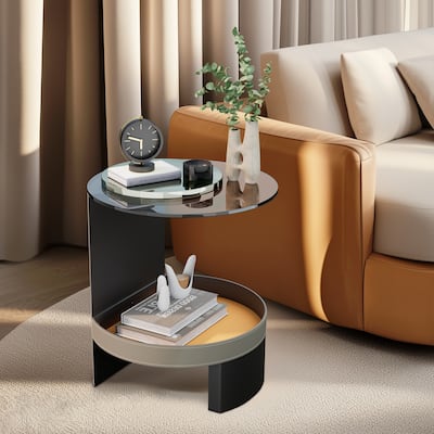 2-Tier Round Side Table Tempered Glass Top Handicraft Saddle Leather Basket