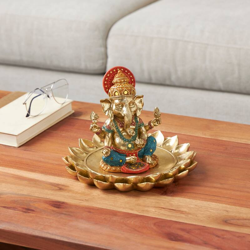 Gold Resin Ganesh Decorative Sculpture with Lotus Plate and Colorful Dresswear - Gold