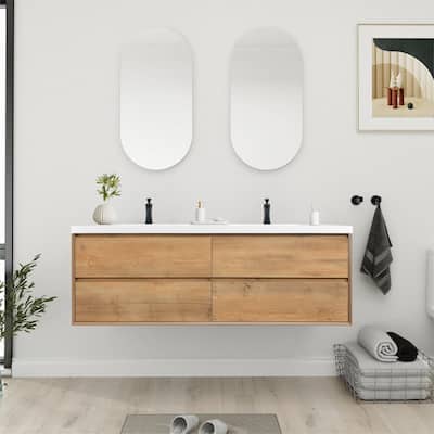 NebulaSky 72 in Wall Mounted Double Sink Bathroom Vanity with Top Combo Cabinet Vanity Set Invisible Handles